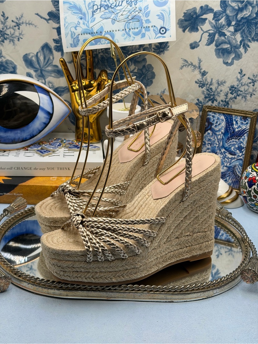 🆕 LOEFFLER RANDALL 🧿 NWOB Pamela Mignon Pale Gold Metallic Leather Wedge, Sz 7 - Picture 8 of 13